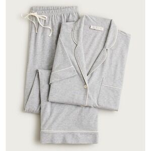J.Crew Dreamy Cotton Pajama Set Gray White Piping Button Front Pants CC660 Small
